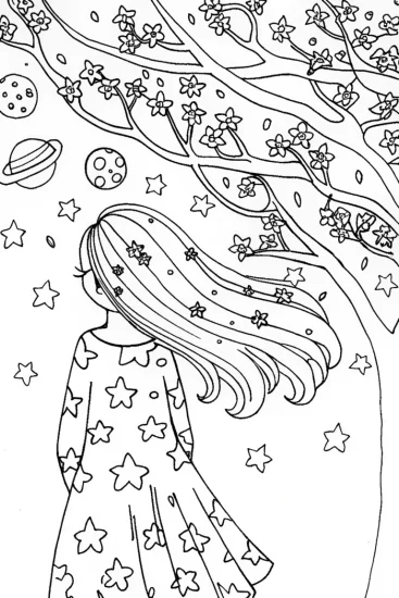 A coloring page of Cosmic Sakura Dreams: A Celestial Adventure