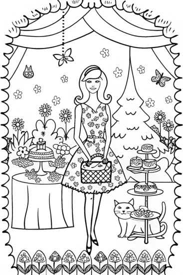 A coloring page of Barbie’s Dream Garden Party Coloring Fun
