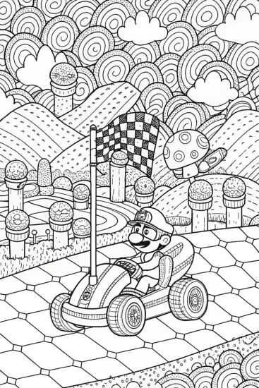 A coloring page of Mushroom Kingdom Race Day with Mario!