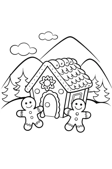 A coloring page of Whimsical Gingerbread Village with Cheerful Cookies