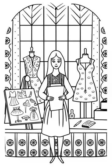 A coloring page of Barbie’s Adventure in Fashion Design Coloring Page