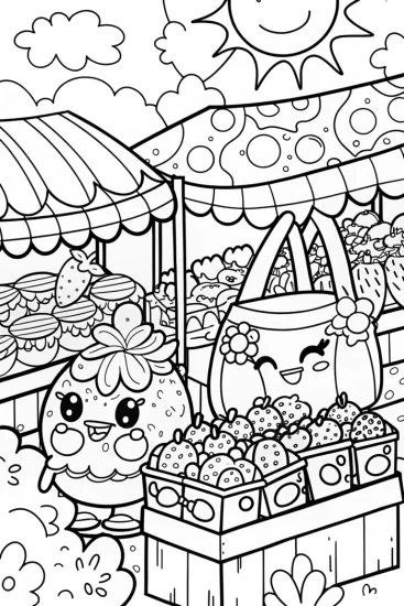 A coloring page of Shopkins Market Adventure with Strawberry Kiss and Tote Bag!