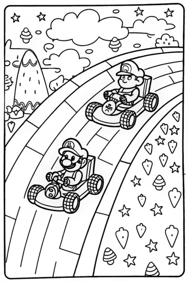 A coloring page of Rainbow Road Race with Mario and Friends