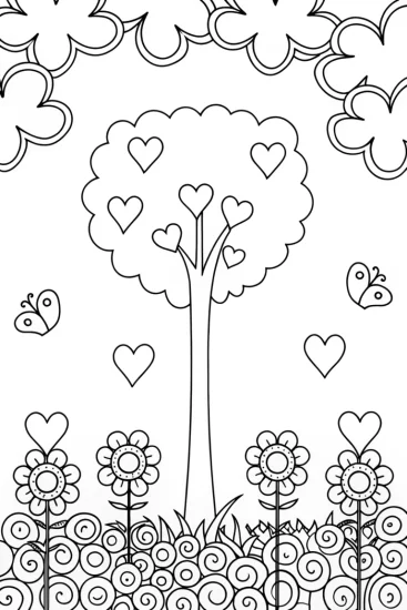 A coloring page of Heart Garden of Dreams: A Whimsical Coloring Adventure