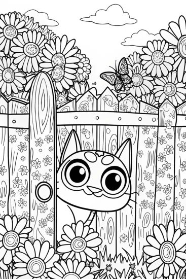 A coloring page of The Curious Cat Peeks Through the Garden Gate