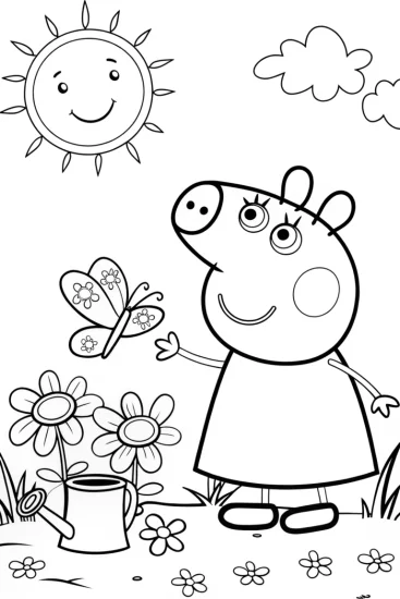A coloring page of Peppa’s Colorful Garden Adventure