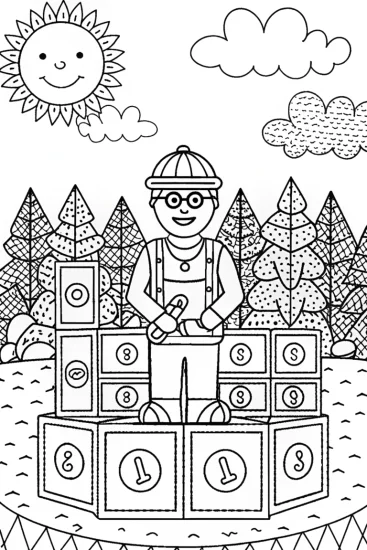 A coloring page of Blippi’s Fun Day of Learning and Adventure