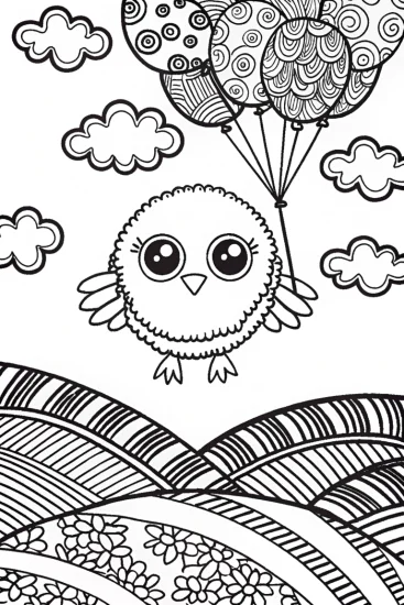 A coloring page of Chick’s Colorful Balloon Journey