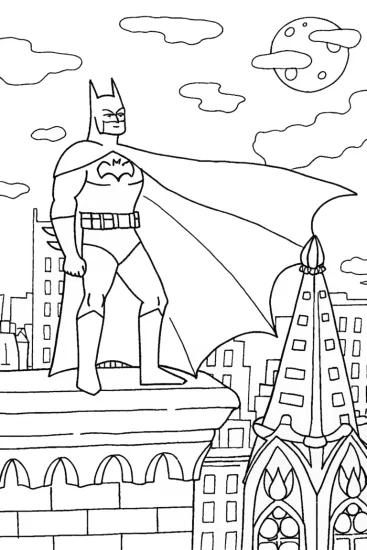A coloring page of Gotham City Skywatch with Batman