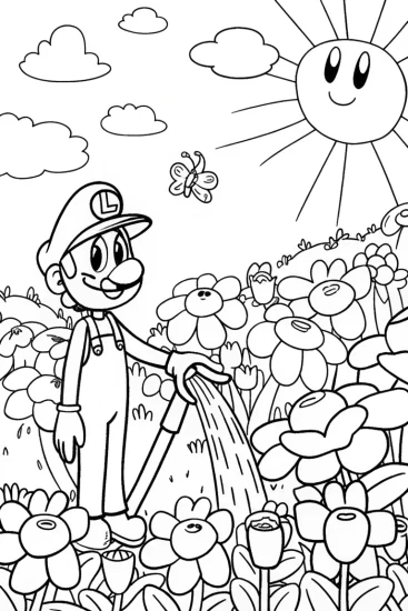 A coloring page of Luigi’s vibrant gardening escapade