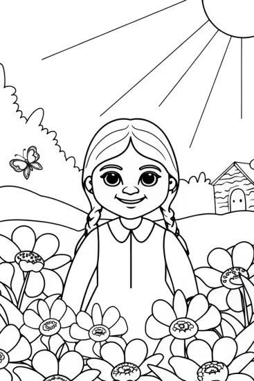 A coloring page of Magic Moments with Lily in the Flower Garden