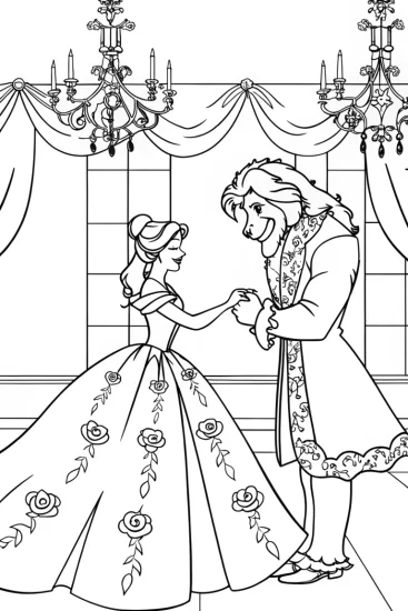 A coloring page of The Enchanted Dance of Belle and the Beast