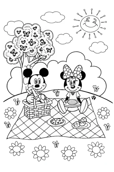 A coloring page of Mickey and Minnie’s Magical Picnic Adventure
