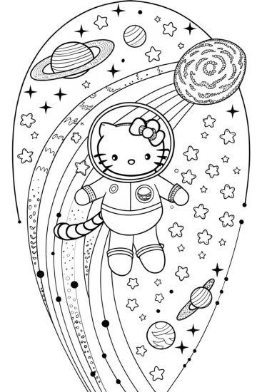 A coloring page of Hello Kitty’s Starry Night Adventure Coloring Page