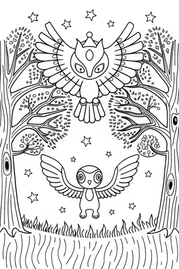 A coloring page of Guardians of the Celestial Forest: The Wise Owls Unite
