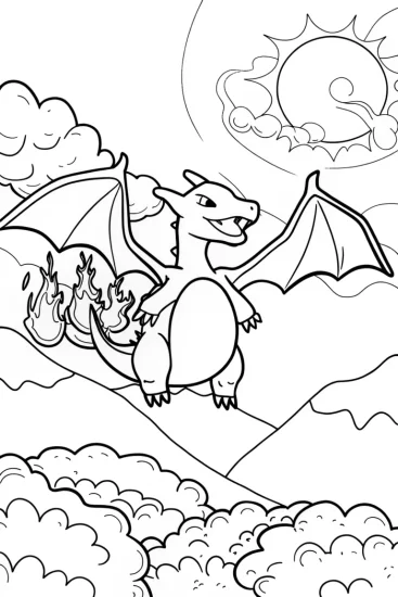 A coloring page of Charizard’s Majestic Flight Through the Skies