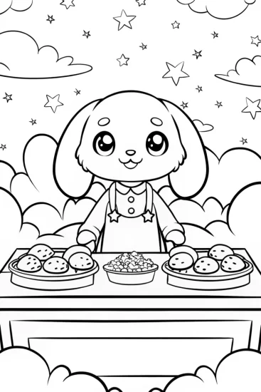 A coloring page of Cinnamoroll’s Dreamy Cloud Café Adventure