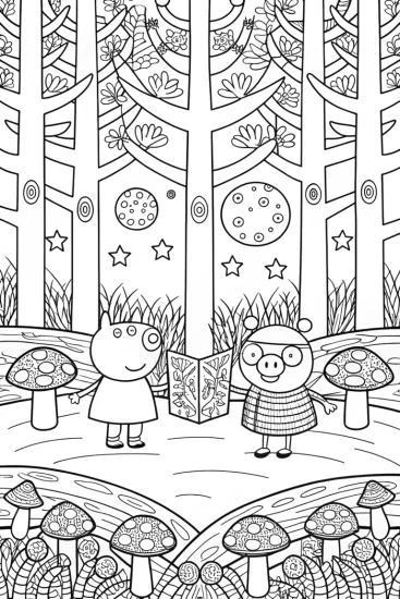 A coloring page of Peppa Pig’s Adventure in the Enchanted Forest Coloring Page