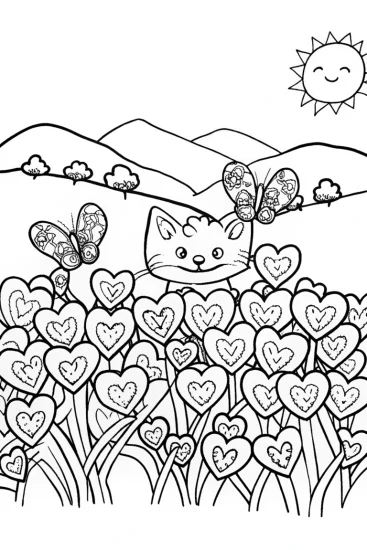 A coloring page of Whimsical Heart Garden with Fluffy the Cat