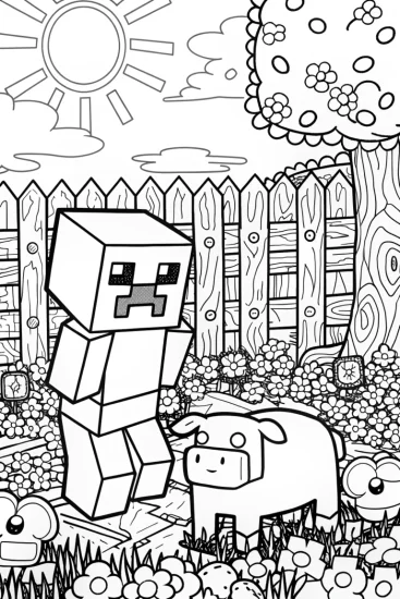 A coloring page of Creeper’s Colorful Garden Adventure with a Friendly Pig!