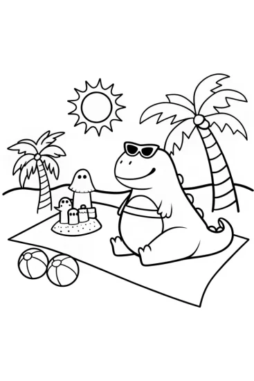A coloring page of Godzilla’s Fun Day at the Beach!