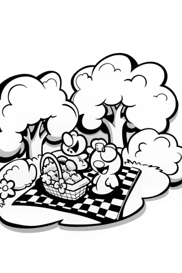 A coloring page of Rainbow Friends Picnic Party with Fun Characters!