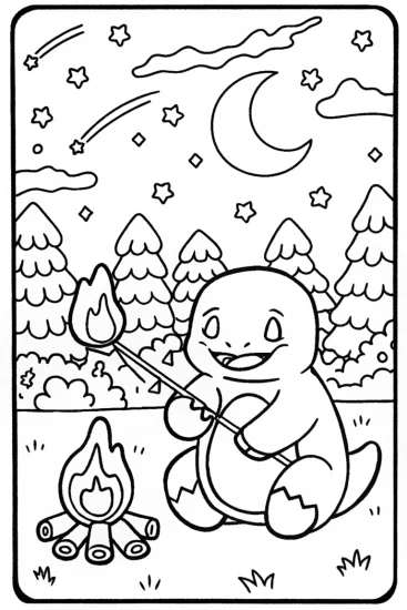 A coloring page of Charmander’s Campfire Cozy Time