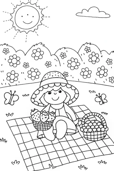 A coloring page of Whimsical Strawberry Shortcake’s Picnic Adventure