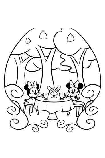 A coloring page of Magical Tea Party with Minnie in the Enchanted Forest