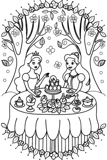 A coloring page of Enchanted Tea Party with Princess Friends