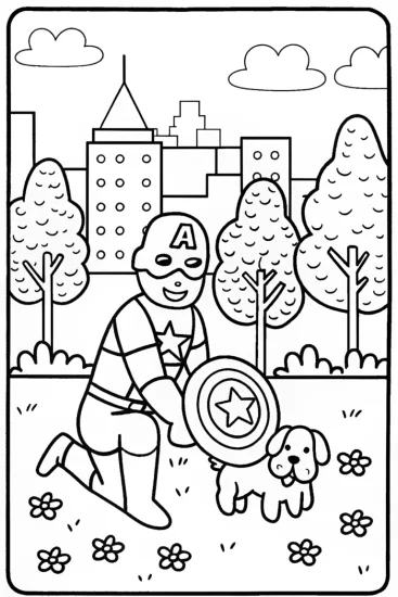 A coloring page of Captain America and the Shield Adventure with a Puppy