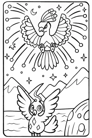 A coloring page of The Celestial Gathering: Ho-Oh and the Starry Skies