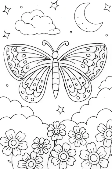 A coloring page of Wings of Whimsy: The Butterfly’s Dream Coloring Page