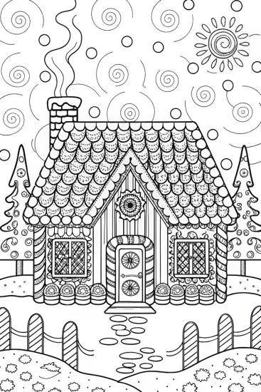 A coloring page of Gingerbread Village Adventure: Sweet House Coloring Fun