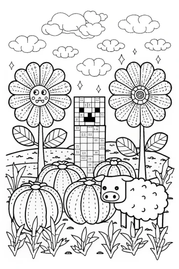 A coloring page of Creeper’s Colorful Adventure in the Garden