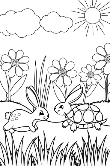 A coloring page of The Great Garden Race: Bunny vs. Tortoise Adventure