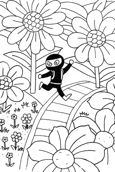 A coloring page of Ninja’s Colorful Escape Through the Flower Garden