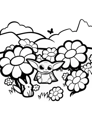 A coloring page of Baby Yoda’s Flower Garden Adventure