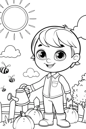 A coloring page of Cocomelon Friends: Garden Adventure with JJ