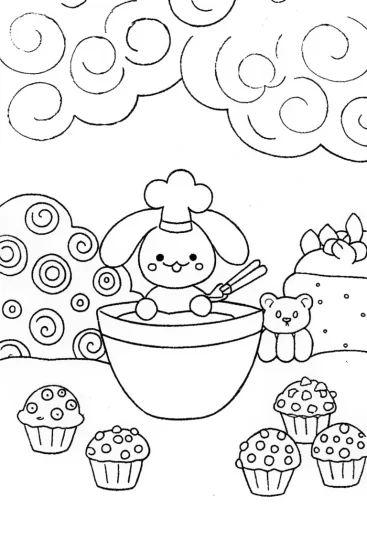 A coloring page of Cinnamoroll’s Sweet Adventure in the Bakery Clouds