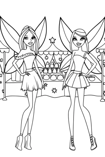 A coloring page of Bratz Fashion Fairies at the Enchanted Market