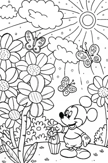 A coloring page of Mickey Mouse’s Colorful Garden Adventure
