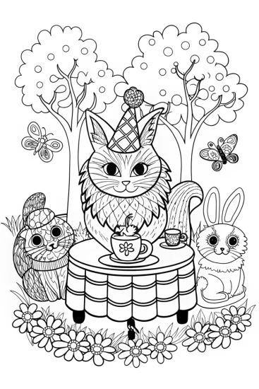 A coloring page of Whimsical Cat Tea Party with Fluffy and Friends