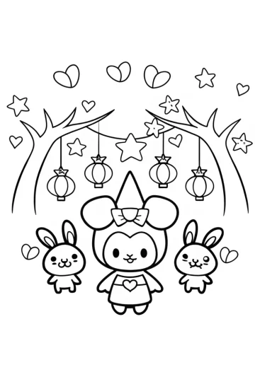 A coloring page of Kuromi’s Magical Garden Party Adventure