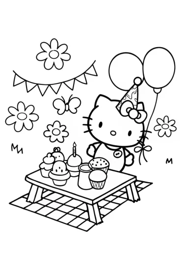 A coloring page of Hello Kitty’s Magical Garden Party Celebration