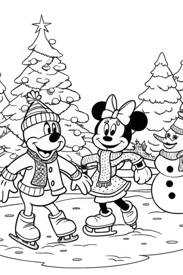 A coloring page of Mickey and Minnie’s Ice Skating Adventure in Winter Wonderland