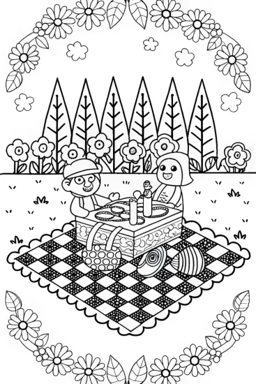 A coloring page of Mario’s Picnic Adventure with Friends