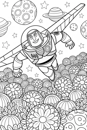A coloring page of Buzz Lightyear’s Cosmic Floral Adventure