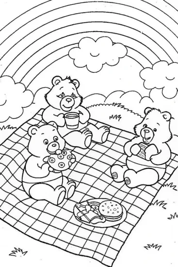 A coloring page of Care Bears’ Fun Picnic Day with Friends