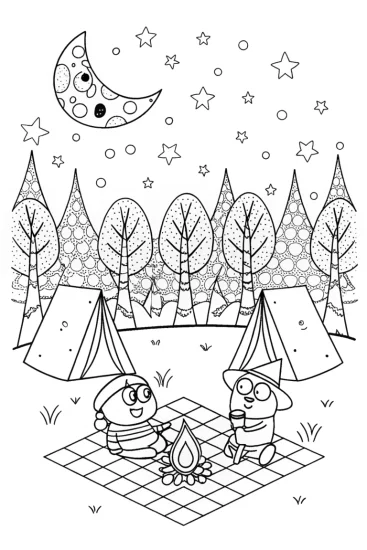 A coloring page of Bluey and Bingo’s Fun Camping Night Adventure